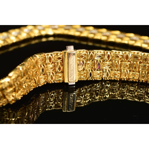 14 - A MODERN 18CT GOLD ROBERTO COIN DIAMOND COLLAR, a wide flat panel link textured pattern with diamond... 