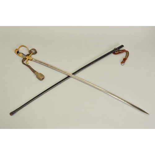 143 - A WWII ERA 3RD REICH OFFICERS SWORD AND SCABBARD, the design is the 'Lions Head' style with red colo... 