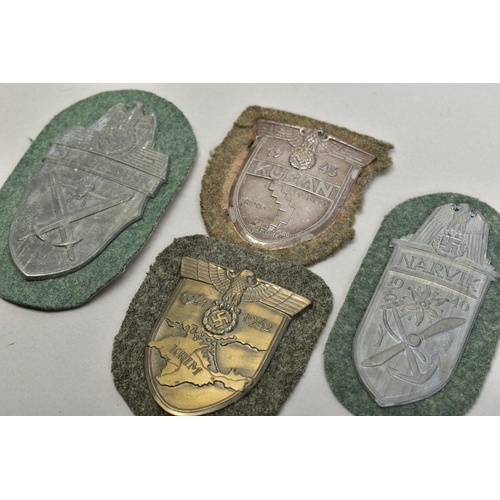 155 - FOUR 3RD REICH WWII CAMPAIGN SHIELDS, 'Narvik' 1940, 'Krim' 1941-1942, 'Demjansk' 1942 and 'Kuban' 1... 