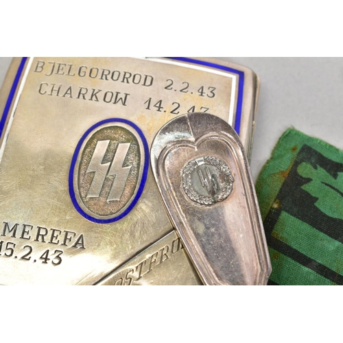 160 - TWO ITEMS OF GERMAN WWII 'S.S.' INTEREST, a silver colour cigarette case, one side is engraved with ... 