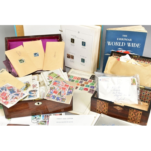 175 - AN UNTIDY COLLECTION OF STAMPS, in two wooden boxes and childhood albums, main value in GB simplifie... 