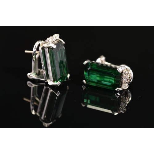 18 - A PAIR OF TOURMALINE AND DIAMOND EARRINGS, post and omega clip fittings, two emerald cut dark green ... 