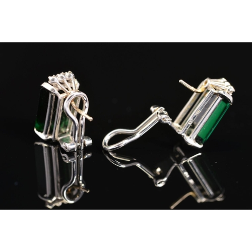 18 - A PAIR OF TOURMALINE AND DIAMOND EARRINGS, post and omega clip fittings, two emerald cut dark green ... 