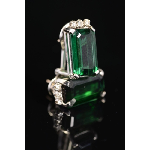 18 - A PAIR OF TOURMALINE AND DIAMOND EARRINGS, post and omega clip fittings, two emerald cut dark green ... 