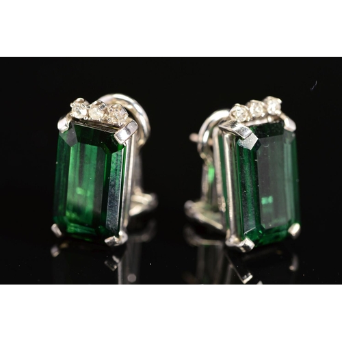 18 - A PAIR OF TOURMALINE AND DIAMOND EARRINGS, post and omega clip fittings, two emerald cut dark green ... 