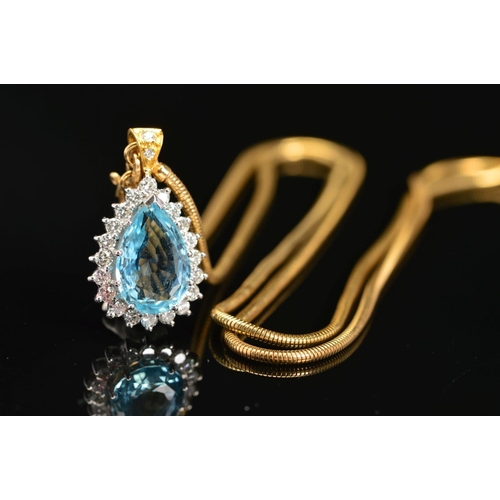 20 - A MODERN PEAR SHAPE AQUAMARINE AND DIAMOND CLUSTER PENDANT AND CHAIN, a pear shape aquamarine measur... 