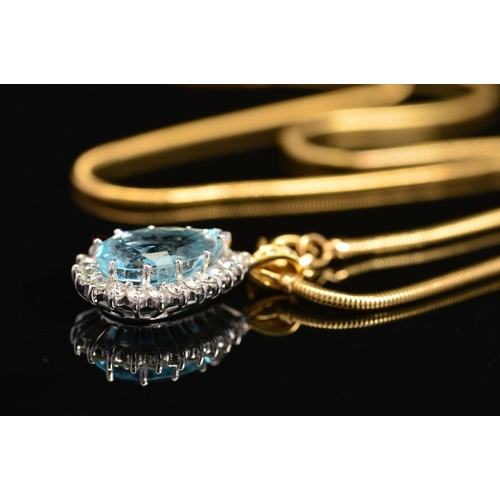 20 - A MODERN PEAR SHAPE AQUAMARINE AND DIAMOND CLUSTER PENDANT AND CHAIN, a pear shape aquamarine measur... 