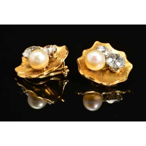 21 - A PAIR OF CULTURED PEARL AND DIAMOND EARRINGS, organic design with textured line detail, clip fittin... 