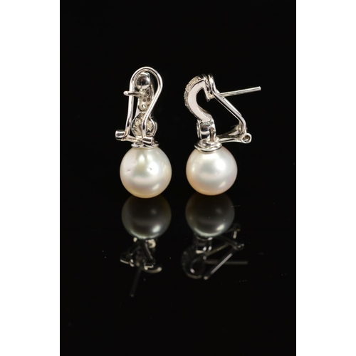 31 - A PAIR OF MODERN 18CT WHITE GOLD SOUTH SEA CULTURED PEARL AND DIAMOND DROP EARRINGS, post and omega ... 