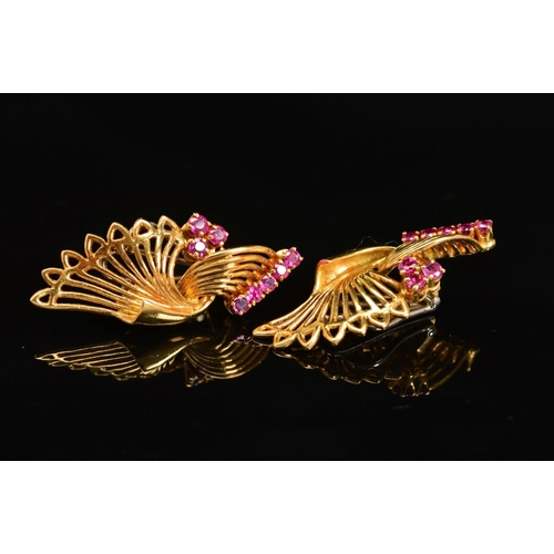 33 - A PAIR OF LATE 20TH CENTURY 18CT GOLD AND RUBY FAN DESIGN CLIP EARRINGS, measuring approximately 33.... 