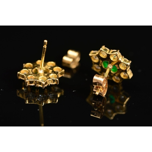 35 - A PAIR OF LATE 20TH CENTURY EMERALD AND DIAMOND STUD EARRINGS, post and scroll fittings, emeralds me... 