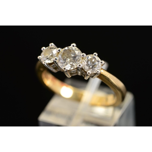 40 - A MODERN 18CT GOLD THREE STONE DIAMOND RING, estimated total modern round brilliant cut weight 1.50c... 