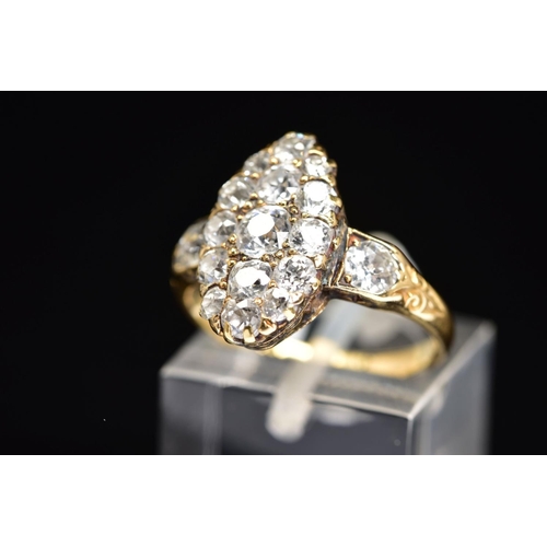 44 - A VICTORIAN GOLD NAVETTE SHAPED DIAMOND CLUSTER RING, estimated old European cut diamond weight 1.35... 