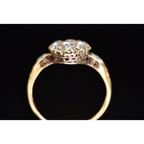 44 - A VICTORIAN GOLD NAVETTE SHAPED DIAMOND CLUSTER RING, estimated old European cut diamond weight 1.35... 