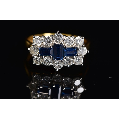 46 - AN 18CT GOLD, SAPPHIRE AND DIAMOND RING, designed as three rectangular cut sapphires, the central ve... 