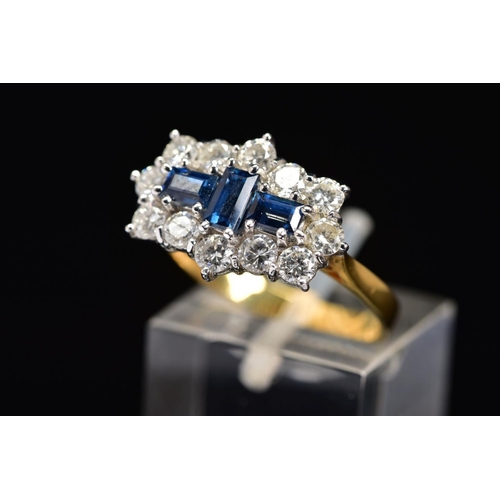 46 - AN 18CT GOLD, SAPPHIRE AND DIAMOND RING, designed as three rectangular cut sapphires, the central ve... 