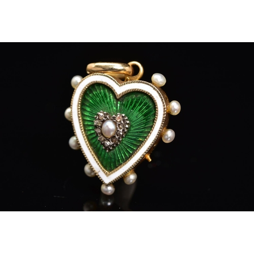 47 - A LATE VICTORIAN ENAMEL, PEARL AND DIAMOND MEMORIAL HEART PENDANT, designed as a central seed pearl ... 