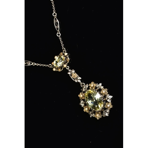 48 - AN ARTS & CRAFTS SILVER, GOLD, BERYL AND SEED PEARL PENDANT NECKLACE 'ATTRIBUTED TO DORRIE NOSSITER'... 