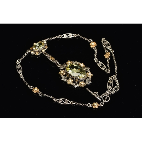 48 - AN ARTS & CRAFTS SILVER, GOLD, BERYL AND SEED PEARL PENDANT NECKLACE 'ATTRIBUTED TO DORRIE NOSSITER'... 