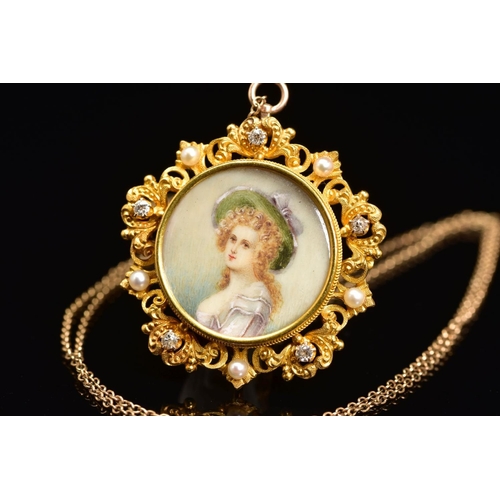 49 - AN EARLY 20TH CENTURY GOLD, DIAMOND AND SEED PEARL PORTRAIT MINIATURE PENDANT/BROOCH, of circular ou... 