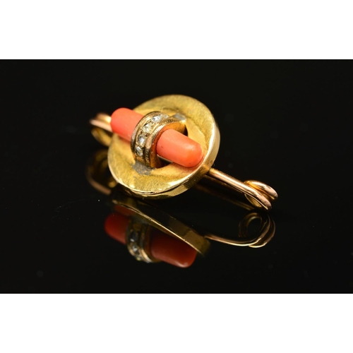 5 - AN ART DECO GOLD, CORAL AND DIAMOND BROOCH, designed as a central circular panel encasing a polished... 