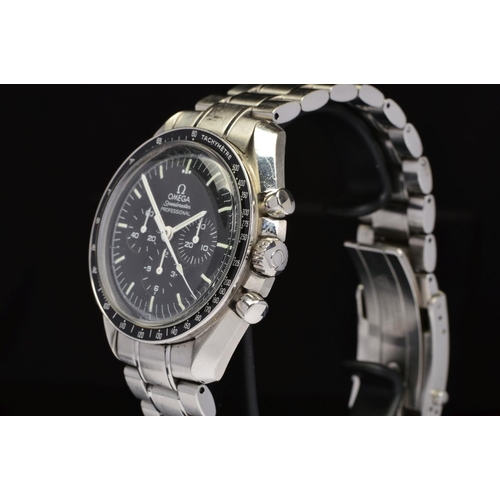 59 - AN OMEGA SPEEDMASTER PROFESSIONAL MOON WATCH, black chronograph dial with white hands and baton mark... 