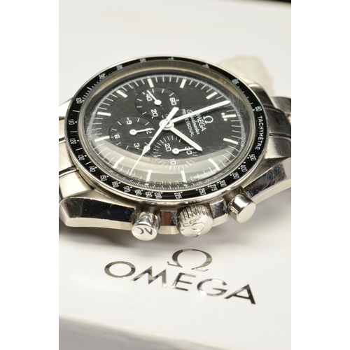 59 - AN OMEGA SPEEDMASTER PROFESSIONAL MOON WATCH, black chronograph dial with white hands and baton mark... 