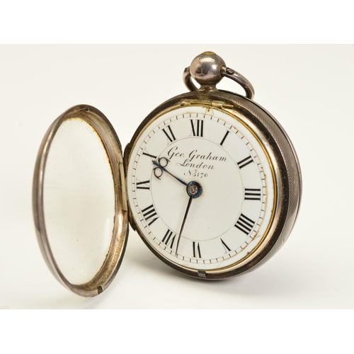 62 - A SILVER OPEN FACED POCKET WATCH, the enamel dial named Geo. Graham London No.5170, movement with sq... 