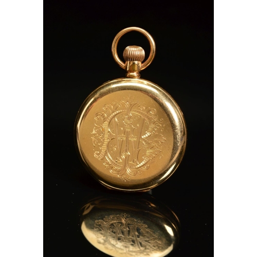 63 - A 14K GOLD PLATED WALTHAM TOP WIND FULL HUNTER POCKET WATCH, engraved monogram to cover, enamel dial... 