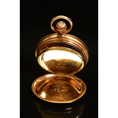 63 - A 14K GOLD PLATED WALTHAM TOP WIND FULL HUNTER POCKET WATCH, engraved monogram to cover, enamel dial... 