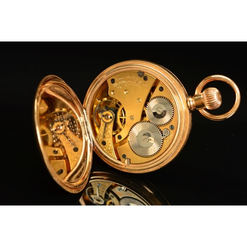 63 - A 14K GOLD PLATED WALTHAM TOP WIND FULL HUNTER POCKET WATCH, engraved monogram to cover, enamel dial... 