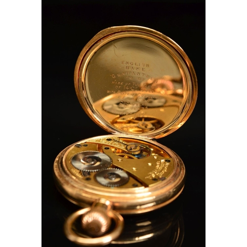 63 - A 14K GOLD PLATED WALTHAM TOP WIND FULL HUNTER POCKET WATCH, engraved monogram to cover, enamel dial... 