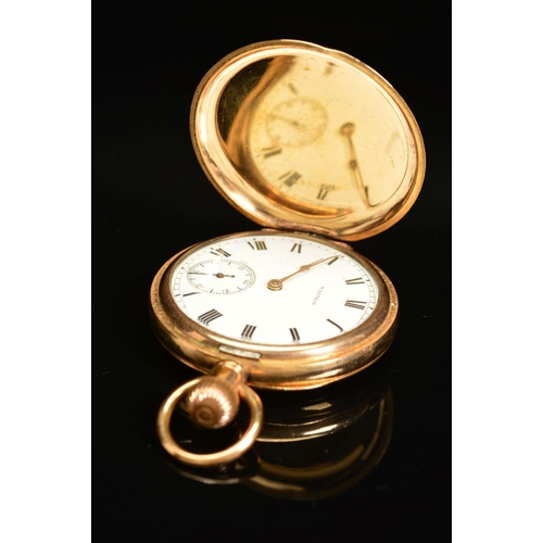 63 - A 14K GOLD PLATED WALTHAM TOP WIND FULL HUNTER POCKET WATCH, engraved monogram to cover, enamel dial... 