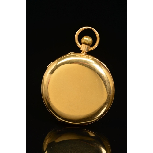 67 - AN 18CT GOLD CENTRE SECONDS OPEN FACED POCKET WATCH, white Roman numeral dial, approximate 54mm 18ct... 