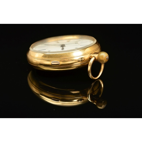 67 - AN 18CT GOLD CENTRE SECONDS OPEN FACED POCKET WATCH, white Roman numeral dial, approximate 54mm 18ct... 