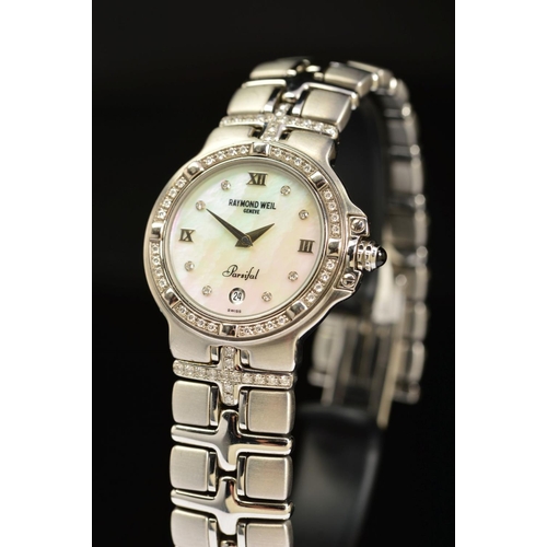 70 - A DIAMOND SET RAYMOND WEIL PARSIFAL QUARTZ WRISTWATCH, mother of pearl dial set with eight diamonds ... 