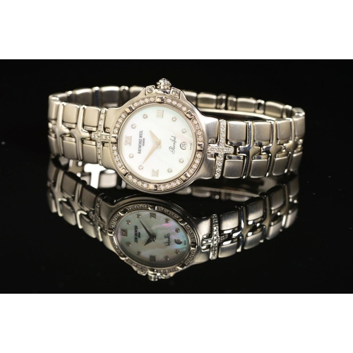 70 - A DIAMOND SET RAYMOND WEIL PARSIFAL QUARTZ WRISTWATCH, mother of pearl dial set with eight diamonds ... 