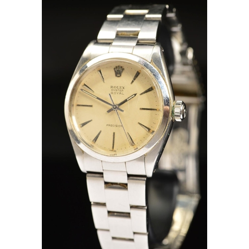 71 - A 1960'S ROLEX OYSTER ROYAL PRECISION WRISTWATCH, deteriorating cream dial with arrow and baton mark... 