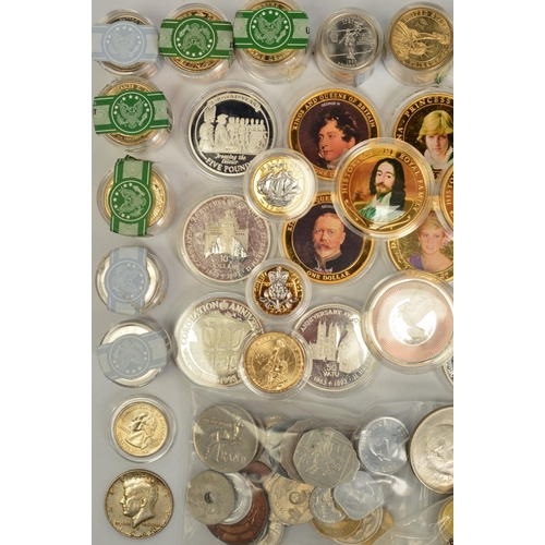 74 - A SHOEBOX OF MIXED COINAGE, to include silver proof coins and medals United Nations Peace 1974, Gibr... 