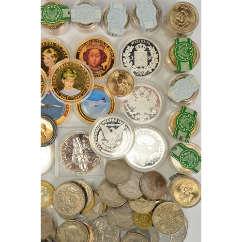 74 - A SHOEBOX OF MIXED COINAGE, to include silver proof coins and medals United Nations Peace 1974, Gibr... 