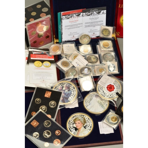 75 - A BOX OF COINS AND COMMEMORATIVES, to include gold layered Queen Elizabeth coin collections by BNT, ... 