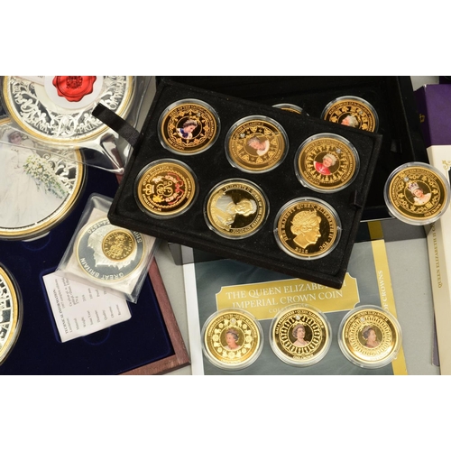 75 - A BOX OF COINS AND COMMEMORATIVES, to include gold layered Queen Elizabeth coin collections by BNT, ... 