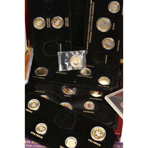 75 - A BOX OF COINS AND COMMEMORATIVES, to include gold layered Queen Elizabeth coin collections by BNT, ... 