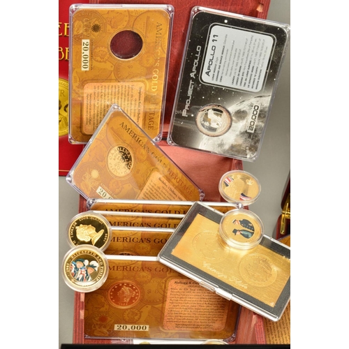 75 - A BOX OF COINS AND COMMEMORATIVES, to include gold layered Queen Elizabeth coin collections by BNT, ... 