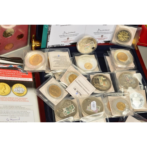 75 - A BOX OF COINS AND COMMEMORATIVES, to include gold layered Queen Elizabeth coin collections by BNT, ... 