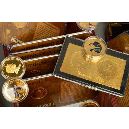 75 - A BOX OF COINS AND COMMEMORATIVES, to include gold layered Queen Elizabeth coin collections by BNT, ... 