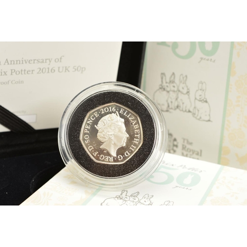 76 - A BOXED ROYAL MINT 2016 BEATRIX POTTER BOXED 150TH ANNIVERSARY SILVER PROOF FIFTY PENCE COIN,  with ... 