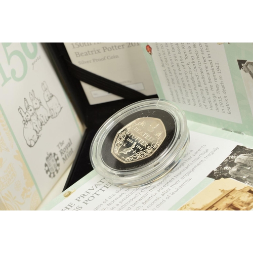 76 - A BOXED ROYAL MINT 2016 BEATRIX POTTER BOXED 150TH ANNIVERSARY SILVER PROOF FIFTY PENCE COIN,  with ... 