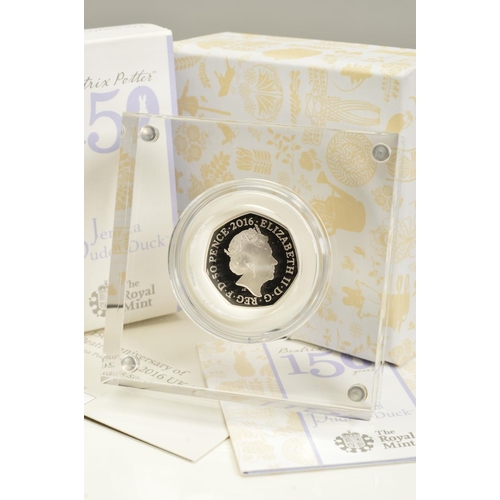 77 - A BOXED ROYAL MINT 2016 BEATRIX POTTER JEMIMA PUDDLE-DUCK SILVER PROOF FIFTY PENCE COIN, with certif... 