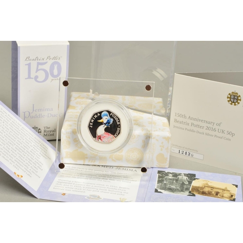 77 - A BOXED ROYAL MINT 2016 BEATRIX POTTER JEMIMA PUDDLE-DUCK SILVER PROOF FIFTY PENCE COIN, with certif... 